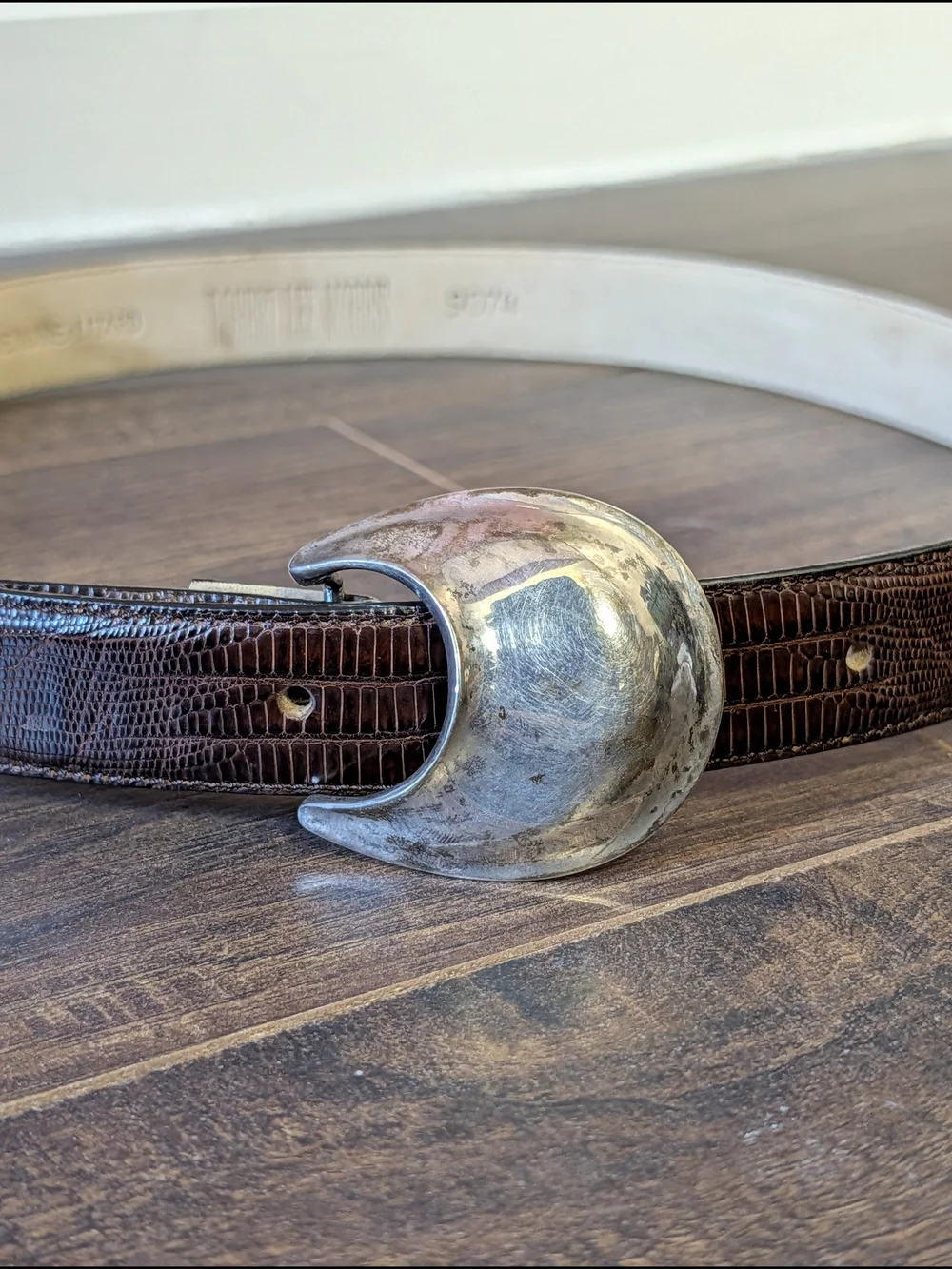 Robert Lee Morris Sterling Silver Spoon Buckle Brown Lizard Strap Vintage Belt